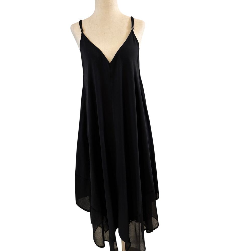 Tommy Bahama Black V Neck Dress S/M Sleeveless Flowy Midi Sharkbite Hem